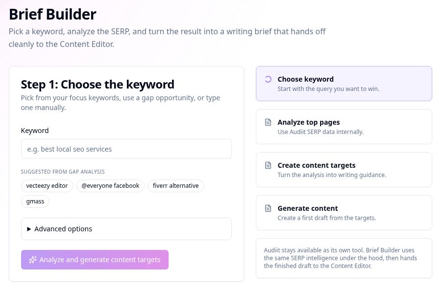 Command Center Content Brief Builder with a keyword input